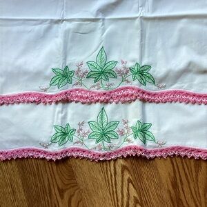 Embroidered White and Pink Pillowcase
